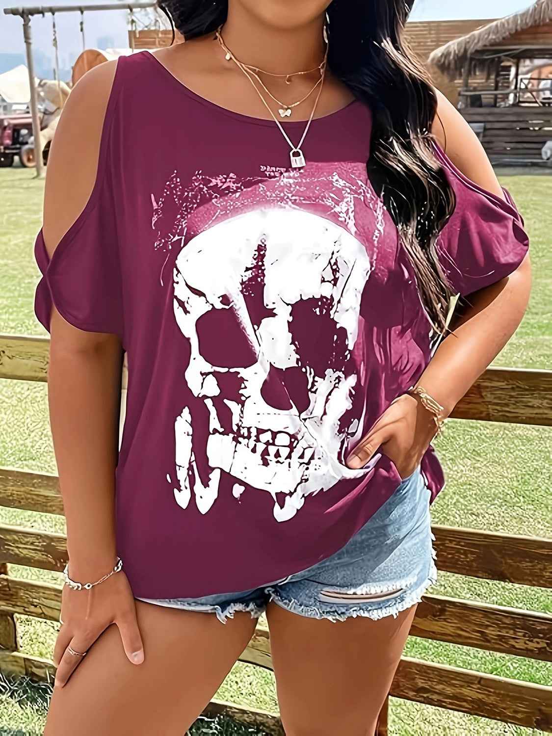 Plus Size Skeleton Graphic Round Neck Cold Shoulder T-Shirt - Damned Threads